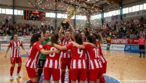 Women's futsal team celebrating a championship title on an indoor court, group hug, team jerseys in red and white, champio...