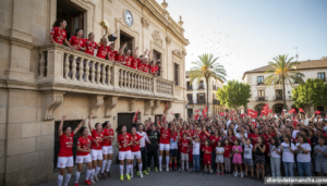 Realistic sports press photo of a women's indoor football futsal team in red uniforms celebrating on the balcony of a clas...