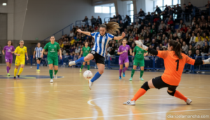 Women's indoor futsal match action scene, female athletes in colorful sports uniforms competing on a futsal court, player ...