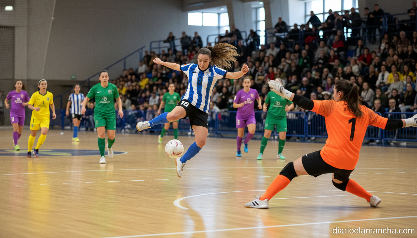 Women's indoor futsal match action scene, female athletes in colorful sports uniforms competing on a futsal court, player ...
