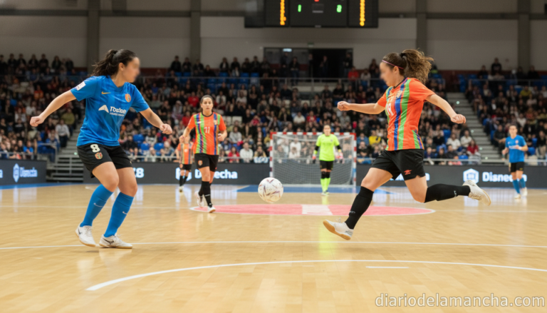 Female futsal players on an indoor sports court, action shot during a match, dynamic movement, colorful jerseys, sports ar...