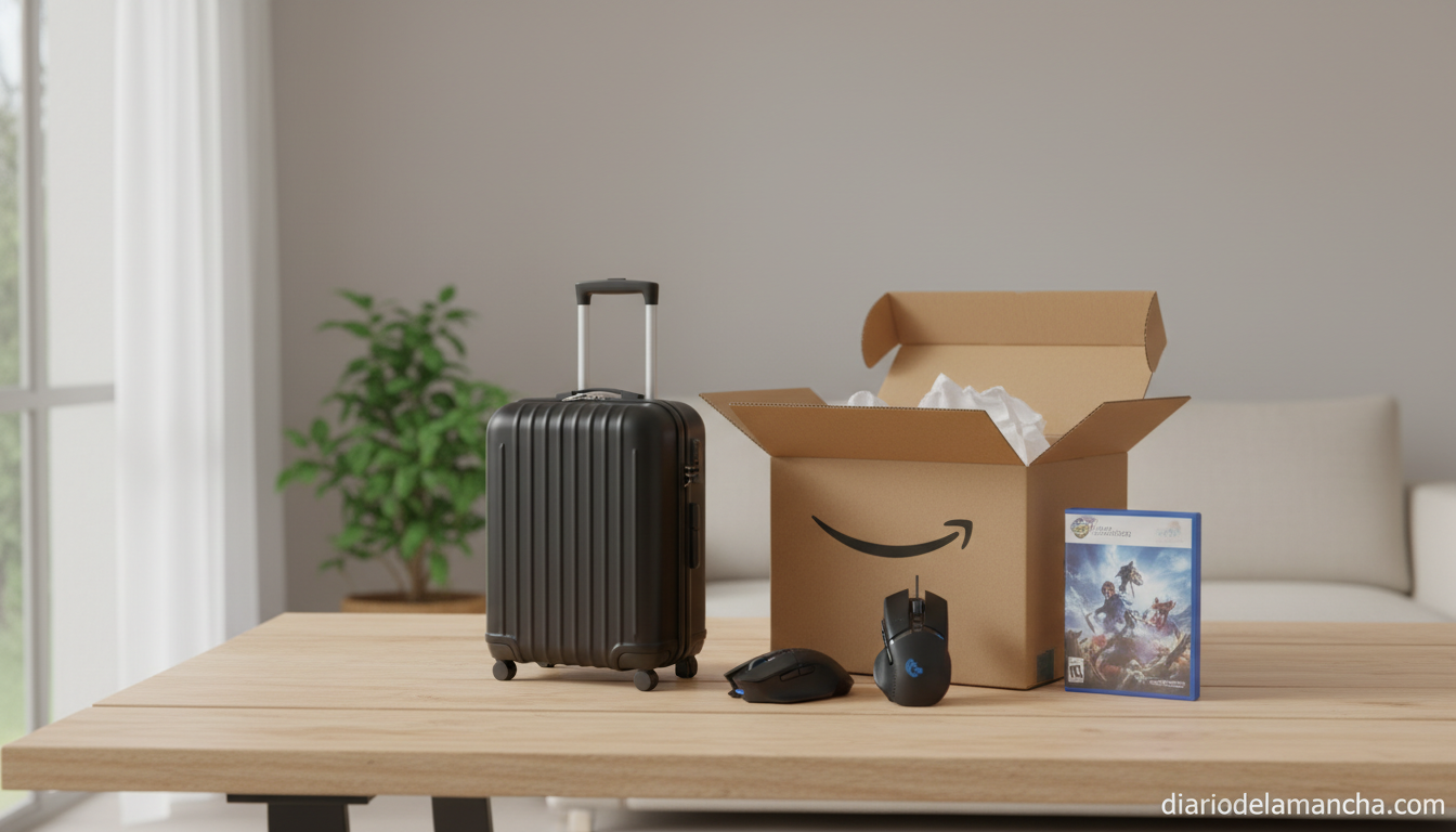 Ahorra un 20% en Productos de Segunda Mano de Amazon 1 Productos reacondicionados de Amazon Renewed sobre una mesa: maleta, ratón gaming y videojuego en perfecto estado