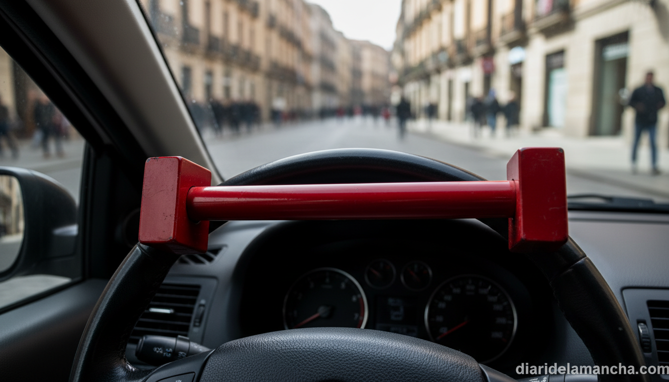 Barra antirrobo inmovilizadora instalada en el volante de un coche