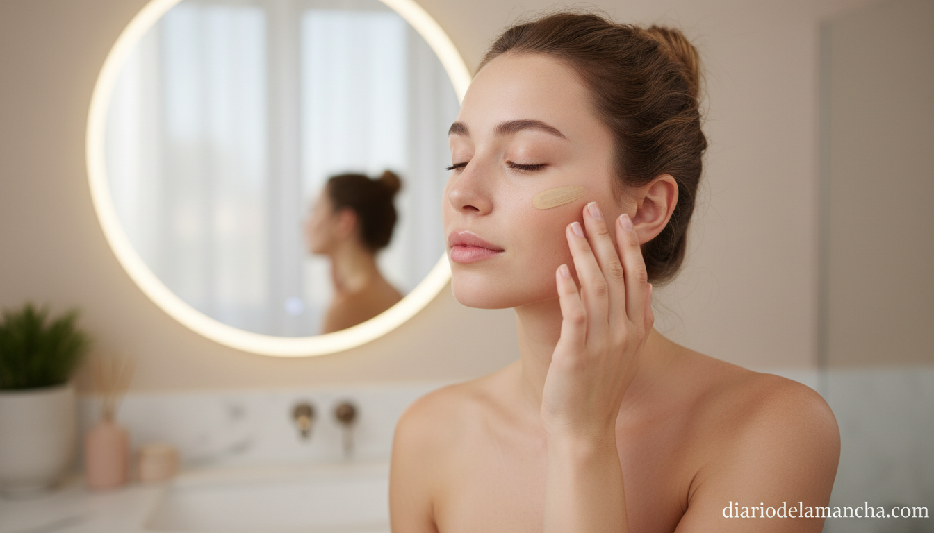 La base de maquillaje hidratante ideal para pieles sensibles que conquista a todos 2 Mujer aplicando base de maquillaje hidratante hipoalergenica frente al espejo