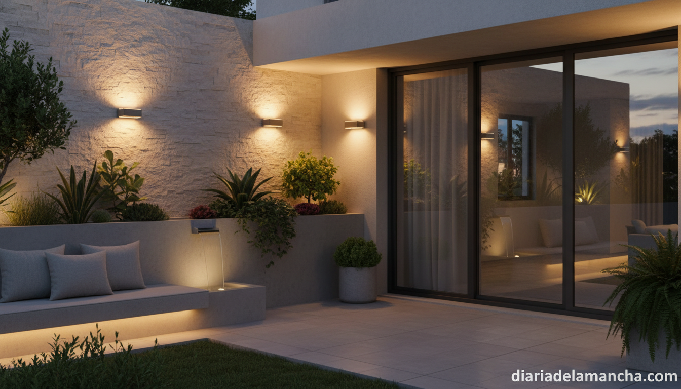 Apliques solares instalados en la pared exterior de un patio iluminado al anochecer
