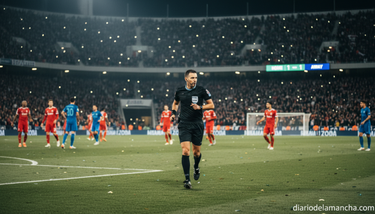 A football referee officiating a match in a modern European stadium at night, dramatic floodlight illumination, large crow...