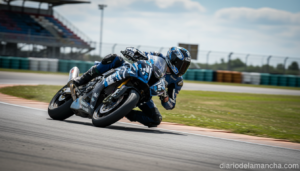 Young motorcycle racer on a racing circuit, leaning into a curve at high speed, racing suit and helmet visible but no iden...
