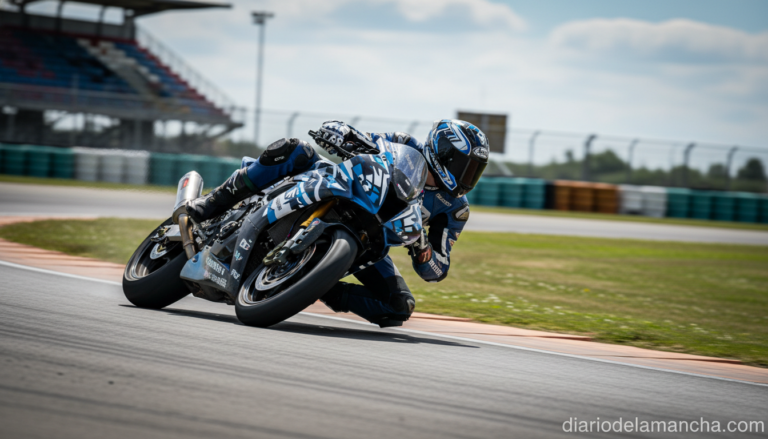 Young motorcycle racer on a racing circuit, leaning into a curve at high speed, racing suit and helmet visible but no iden...