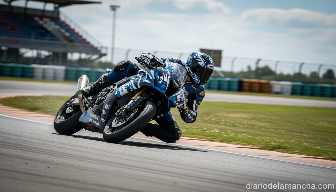 Young motorcycle racer on a racing circuit, leaning into a curve at high speed, racing suit and helmet visible but no iden...