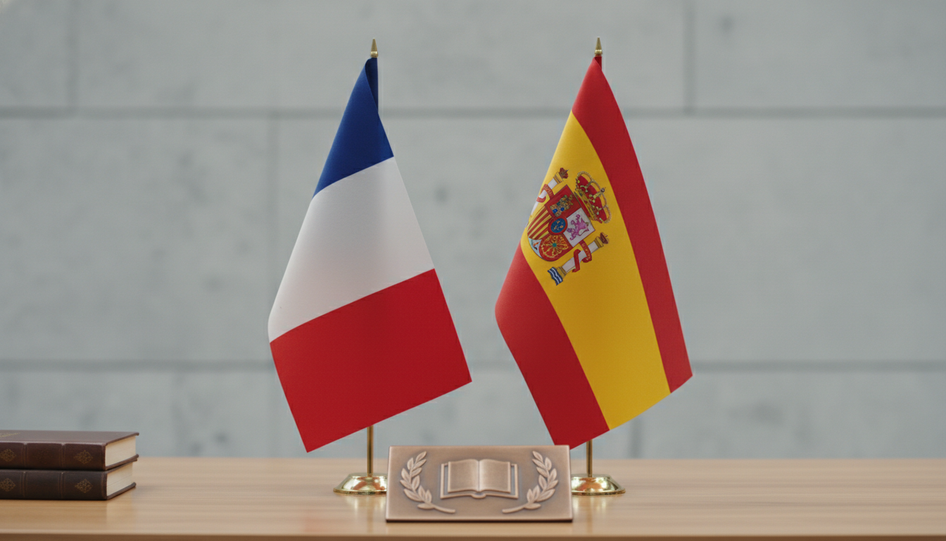 Bandera de Francia y bandera de España juntas sobre mesa de madera, fondo neutro, sin personas, contexto institucional y e...