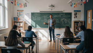Docente español en aula francesa, pizarra con texto en francés e inglés, ambiente educativo internacional, sala de clase m...