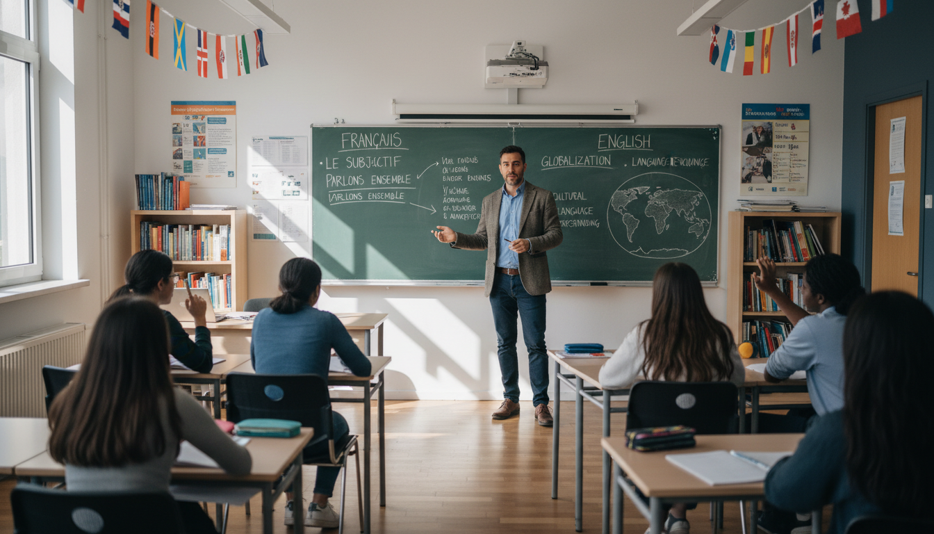 Docente español en aula francesa, pizarra con texto en francés e inglés, ambiente educativo internacional, sala de clase m...