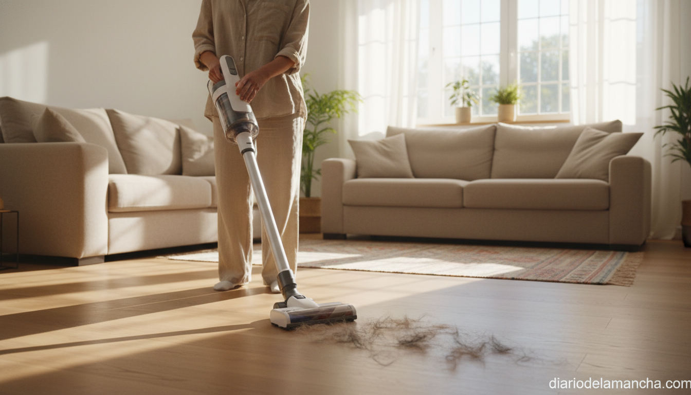 Aspiradora escoba sin cable limpiando suelo de madera en salón luminoso