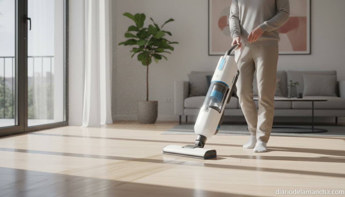 Aspiradora fregona eléctrica limpiando suelo de parquet en hogar moderno