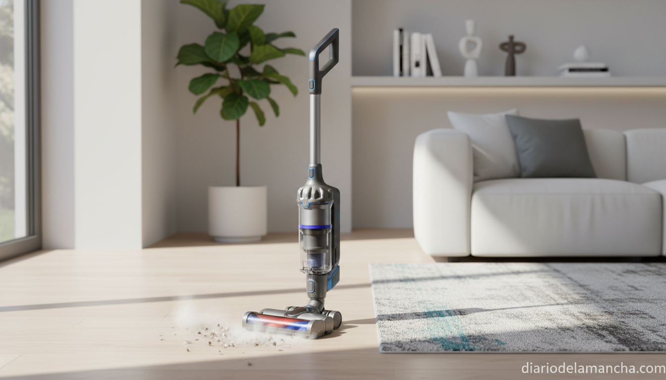 Aspiradora inalámbrica Laresar V7 Pro en salón moderno con mascotas