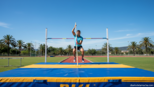 Atleta en la pista de atletismo de La Molineta de Valdepeñas con el nuevo equipamiento de salto con pértiga