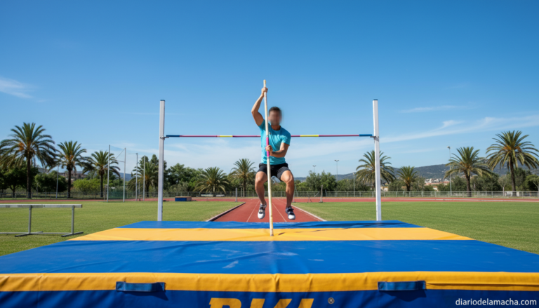 Atleta en la pista de atletismo de La Molineta de Valdepeñas con el nuevo equipamiento de salto con pértiga