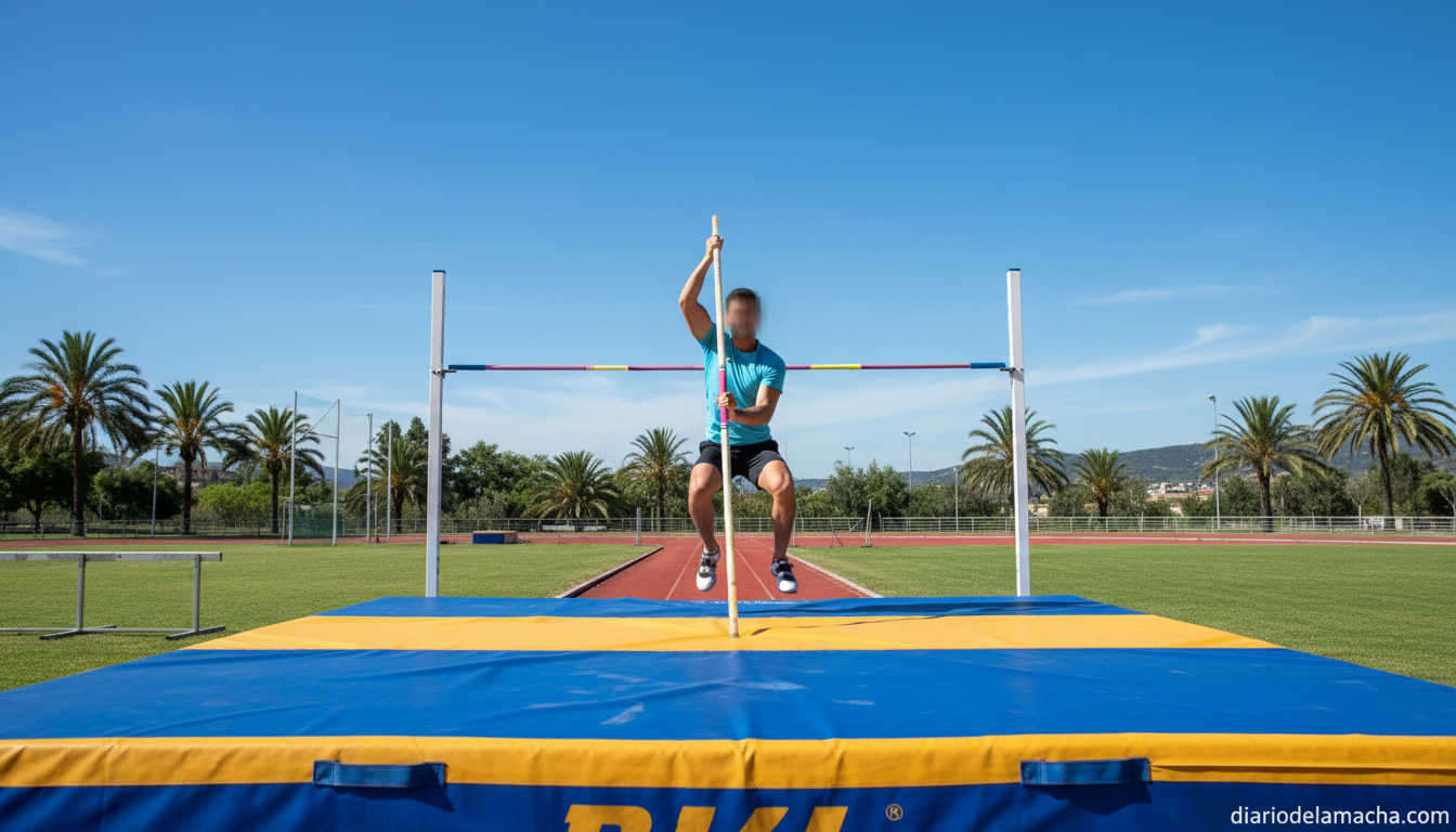 Atleta en la pista de atletismo de La Molineta de Valdepeñas con el nuevo equipamiento de salto con pértiga