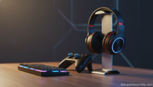 Auriculares gaming con triple conexión sobre escritorio gaming