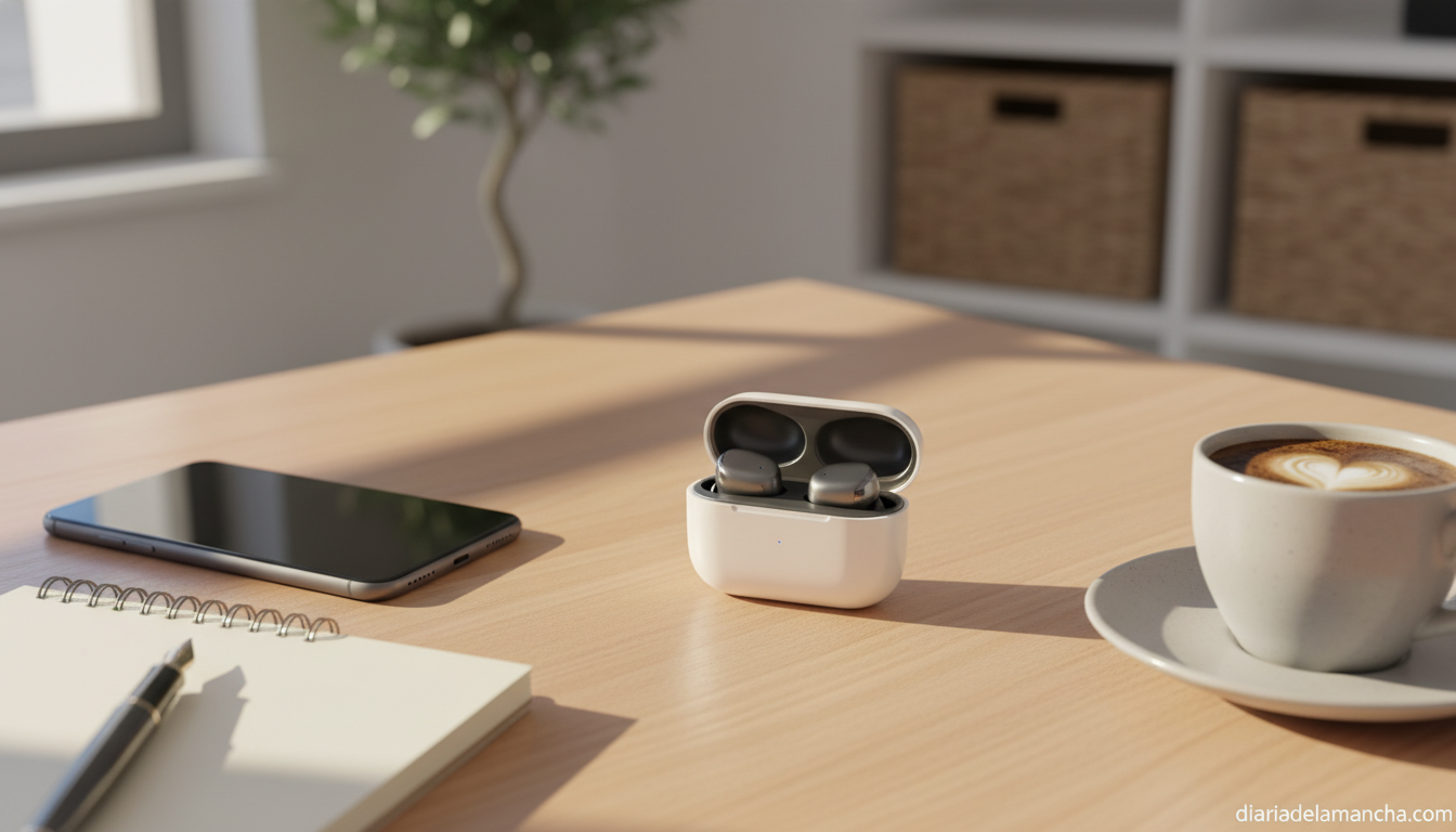 Auriculares inalámbricos en estuche de carga sobre escritorio de oficina en casa