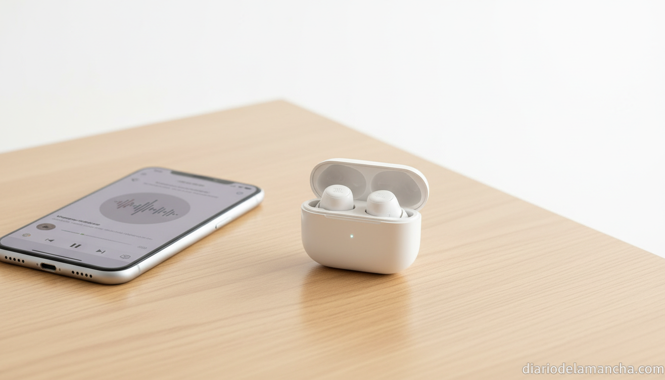 Auriculares JBL inalámbricos con estuche de carga y móvil