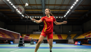 A young Spanish badminton player in action during a tournament, mid-swing hitting a shuttlecock on an indoor badminton cou...