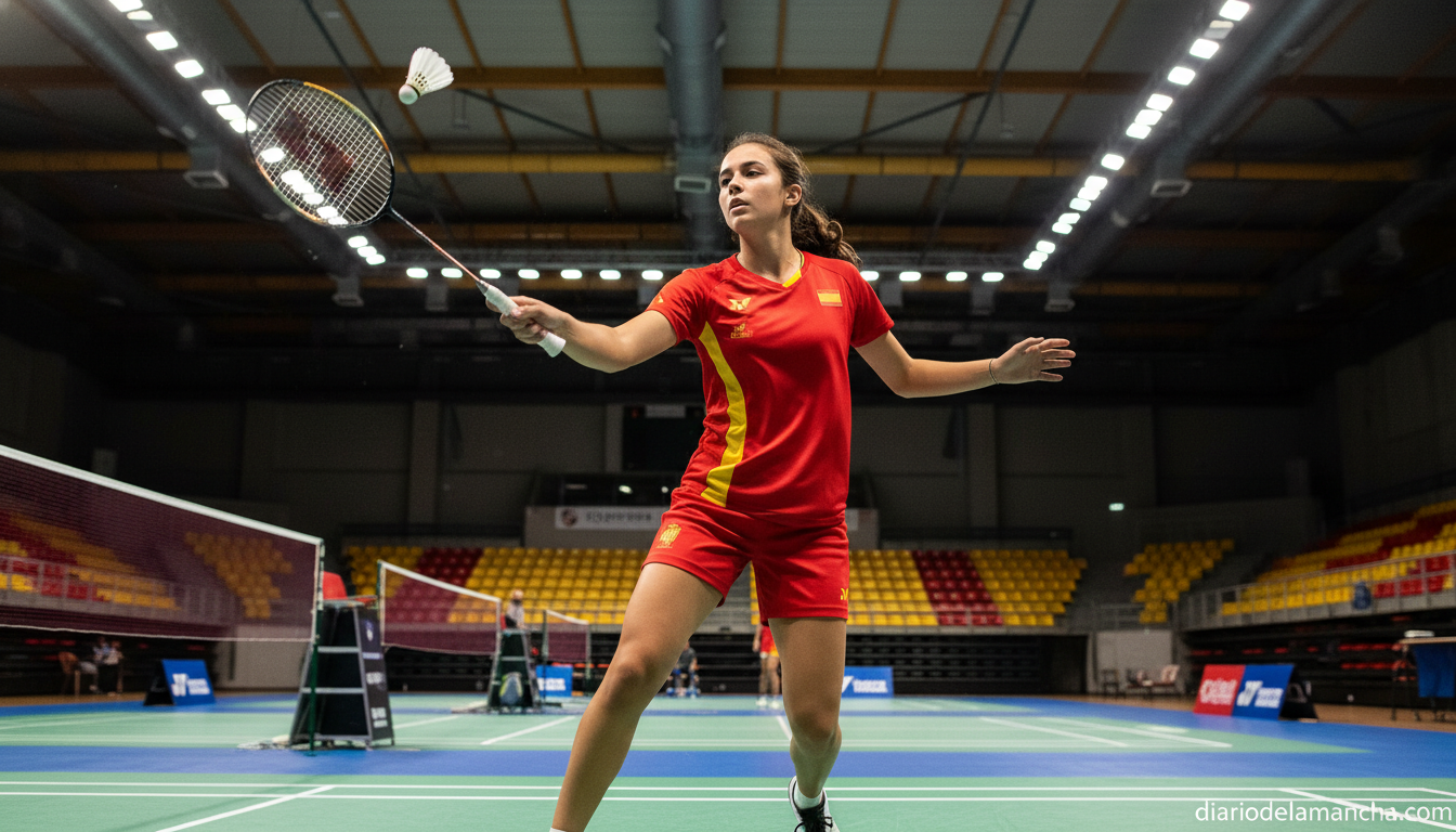 A young Spanish badminton player in action during a tournament, mid-swing hitting a shuttlecock on an indoor badminton cou...