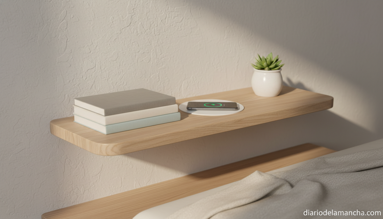 Balda flotante con cargador inalámbrico en dormitorio minimalista