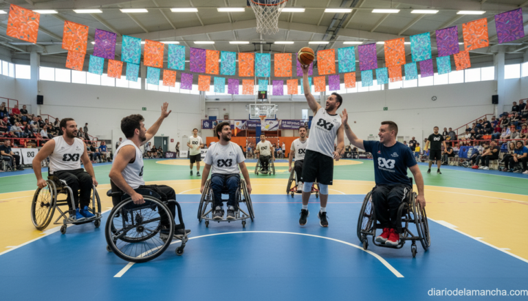 Inclusive basketball event at an indoor sports court, diverse group of players including wheelchair users and able-bodied ...