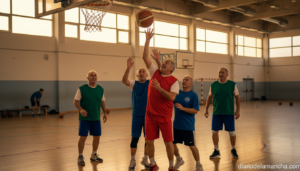 A group of older adult men in sports jerseys playing recreational basketball inside a gymnasium, action shot during a frie...