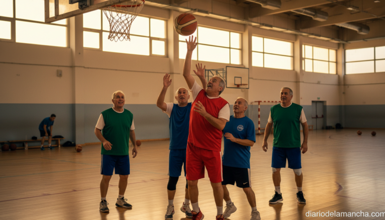 A group of older adult men in sports jerseys playing recreational basketball inside a gymnasium, action shot during a frie...