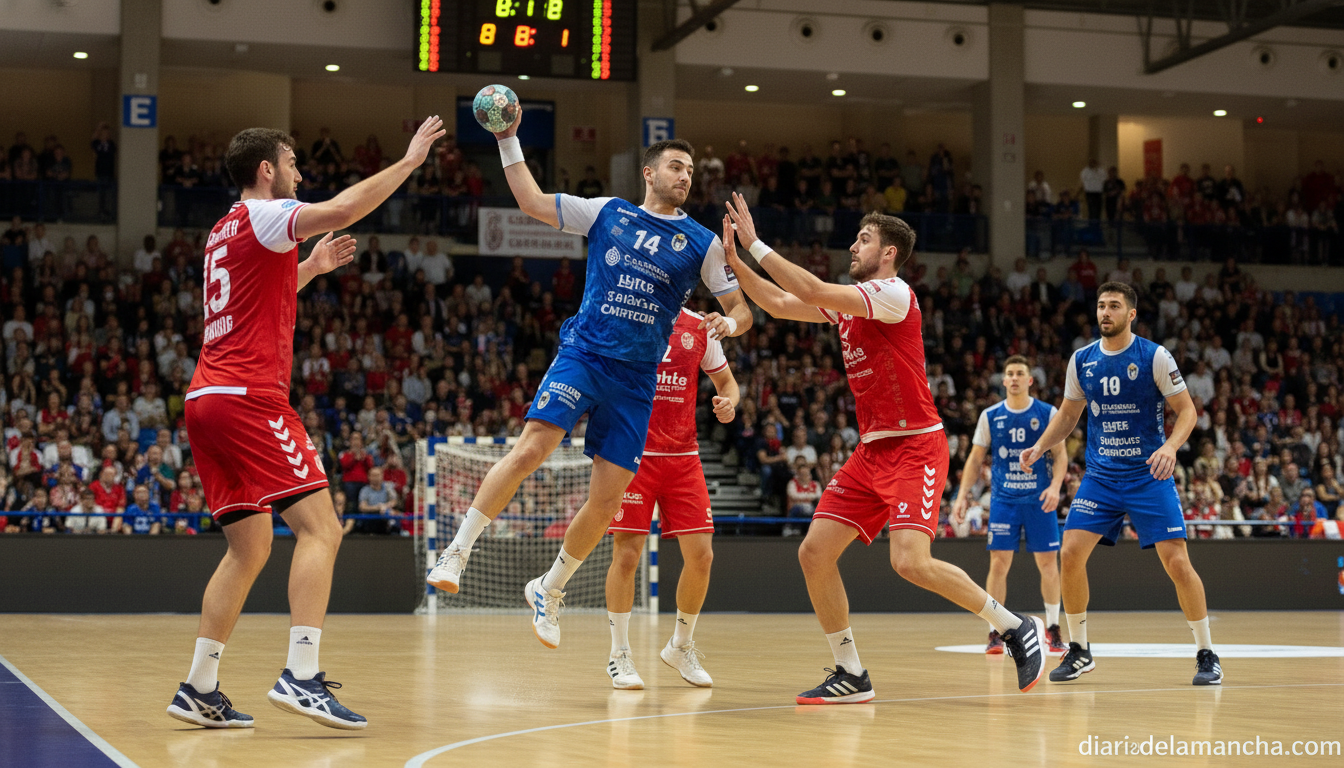 Indoor handball match scene, players in action during a handball game in a sports arena, dynamic moment with ball in play,...