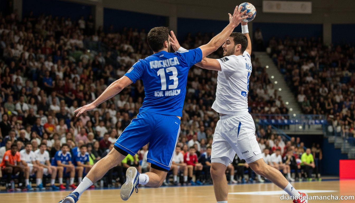 Indoor handball match action scene, two players competing for the ball in front of packed stands, dynamic movement, team u...