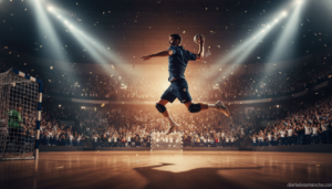 A handball player jumping to score in a packed indoor arena, crowd cheering in the background, dramatic sports lighting, s...