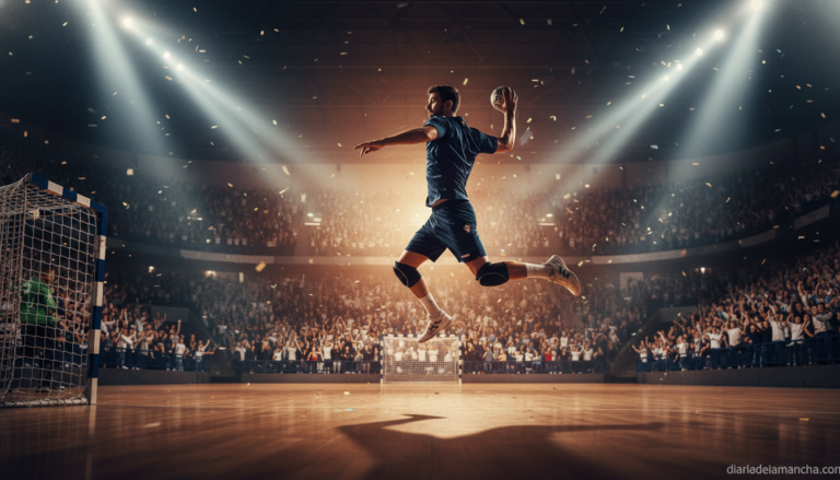 A handball player jumping to score in a packed indoor arena, crowd cheering in the background, dramatic sports lighting, s...