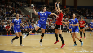 Female handball players in action on an indoor sports court, dynamic moment during a competitive match, players without id...