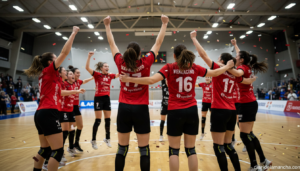 Jugadoras de balonmano en pista cubierta celebrando un partido