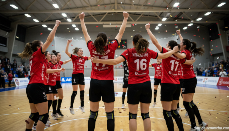 Jugadoras de balonmano en pista cubierta celebrando un partido