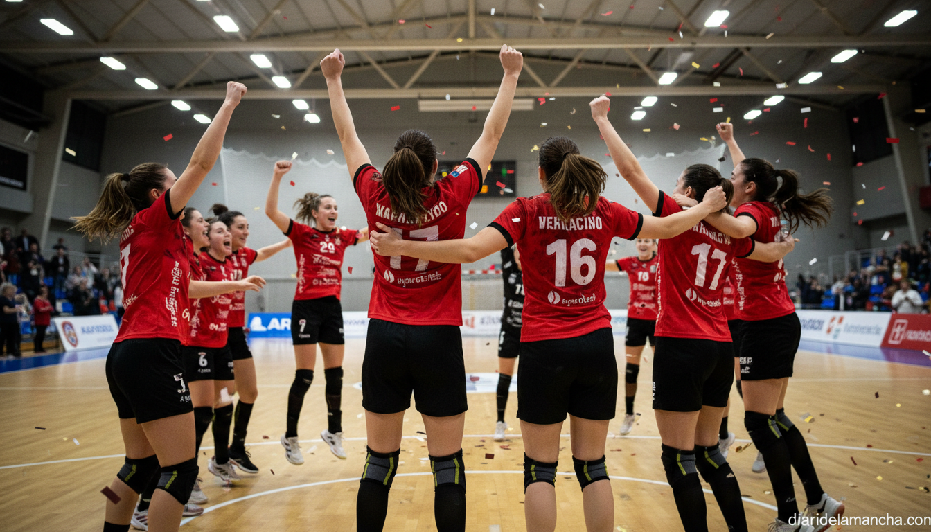 Jugadoras de balonmano en pista cubierta celebrando un partido