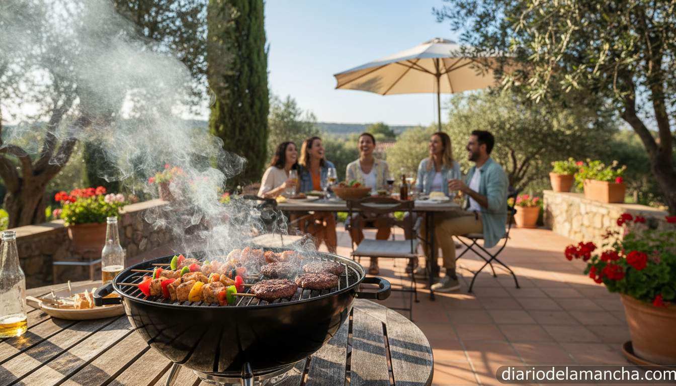 Barbacoa portátil de carbón en terraza de jardín en verano