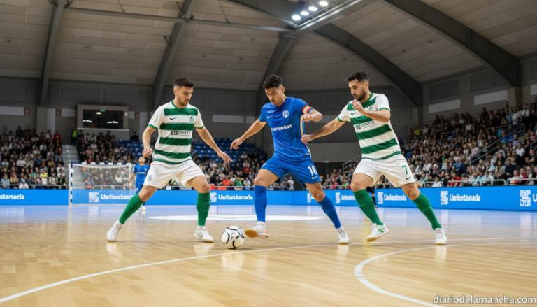 Futsal players in action inside a sports arena, one player in blue kit dribbling past defenders in white and green kit, in...