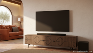 Barra de sonido con subwoofer inalámbrico en salón moderno con Smart TV