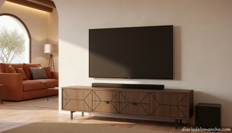 Barra de sonido con subwoofer inalámbrico en salón moderno con Smart TV