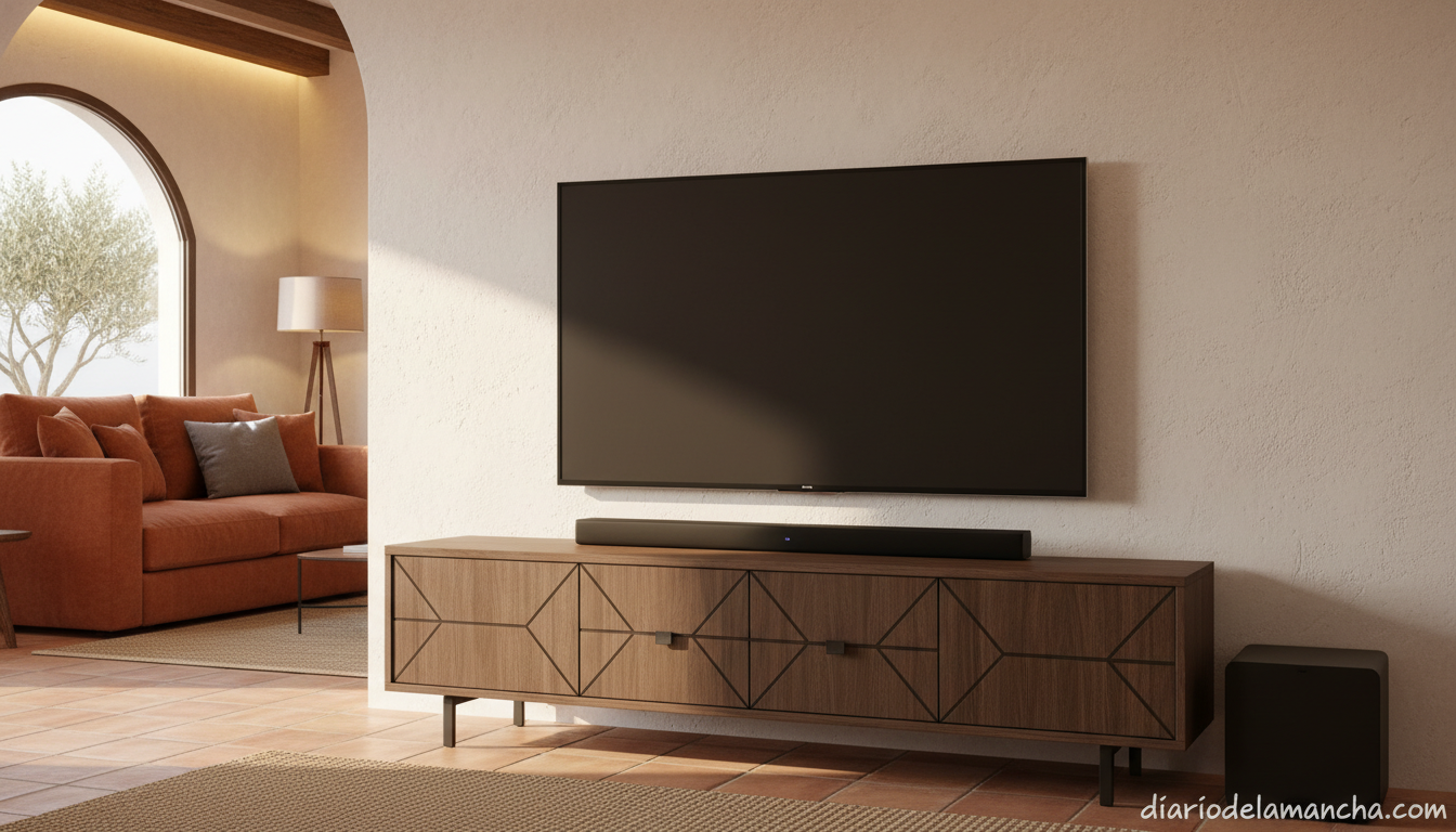 Barra de sonido con subwoofer inalámbrico en salón moderno con Smart TV