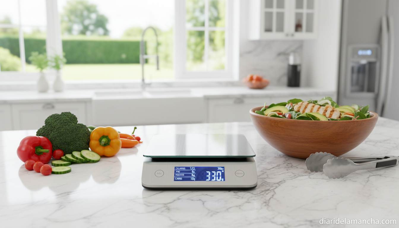 Descubre los secretos nutricionales de tu alimentación con la báscula digital más exacta 1 Báscula digital de cocina con análisis nutricional en una encimera moderna