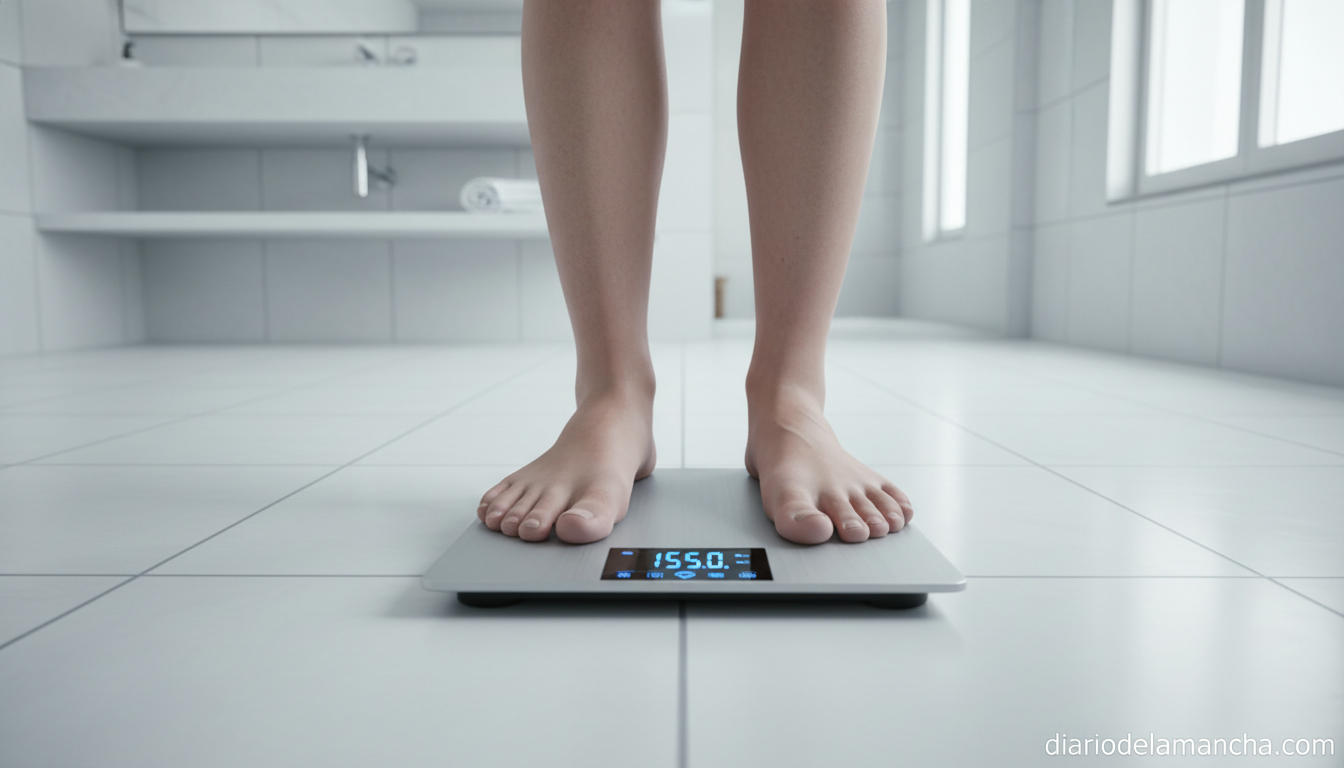 Báscula digital moderna en baño limpio para control de peso