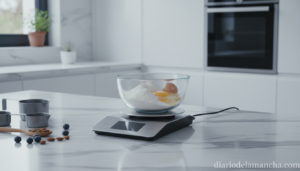 Báscula digital de cocina sobre encimera con ingredientes