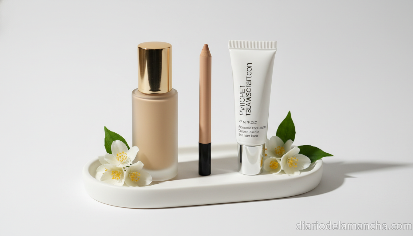 Base de maquillaje hidratante, corrector y crema de ojos sobre bandeja blanca