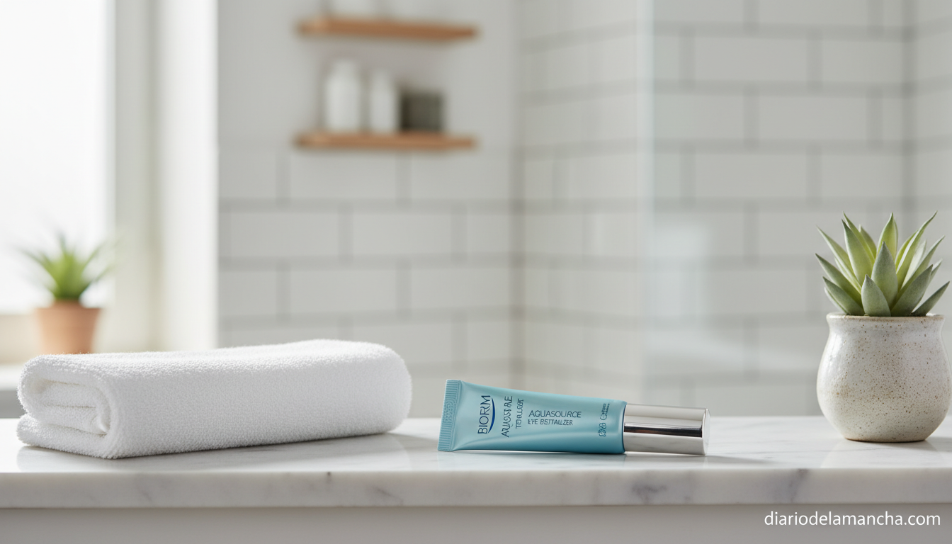 Contorno de ojos Biotherm Aquasource Total Eye Revitalizer sobre estante de mármol en un baño con luz natural