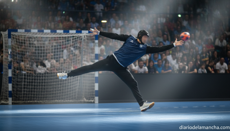 Handball goalkeeper in action defending the goal inside an indoor sports arena, athletic posture with arms extended making...
